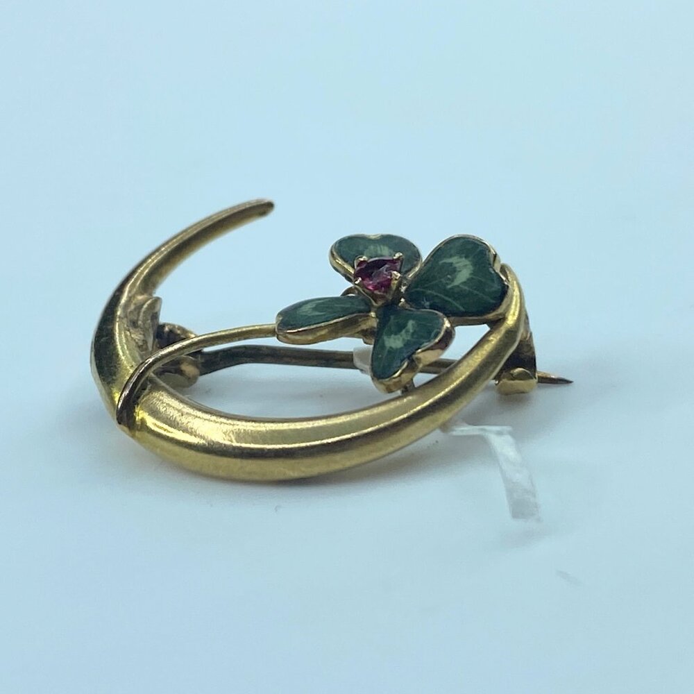 Art Deco Ruby Shamrock Clover Enamel Crescent Moo… - image 8